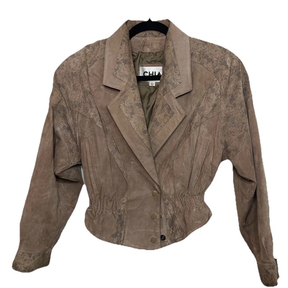 Chia Jackets & Blazers - Vintage 90’s CHIA Cropped Brown Suede Leather Jacket Snake Print Panel Korea XS
